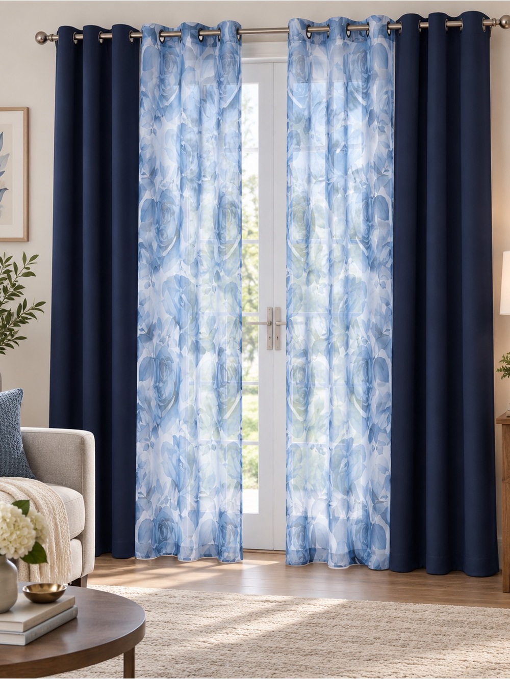 Navy and Light Blue Floral Sheer 4 piece Window Curtain Set